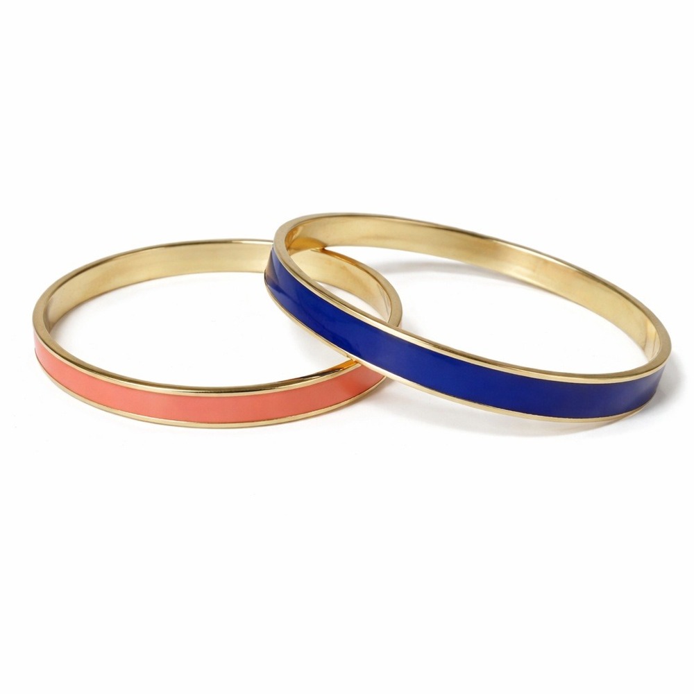Set of 2 Gold Tone Enamel‎ Bangles Blue & Coral Fashion Bracelets